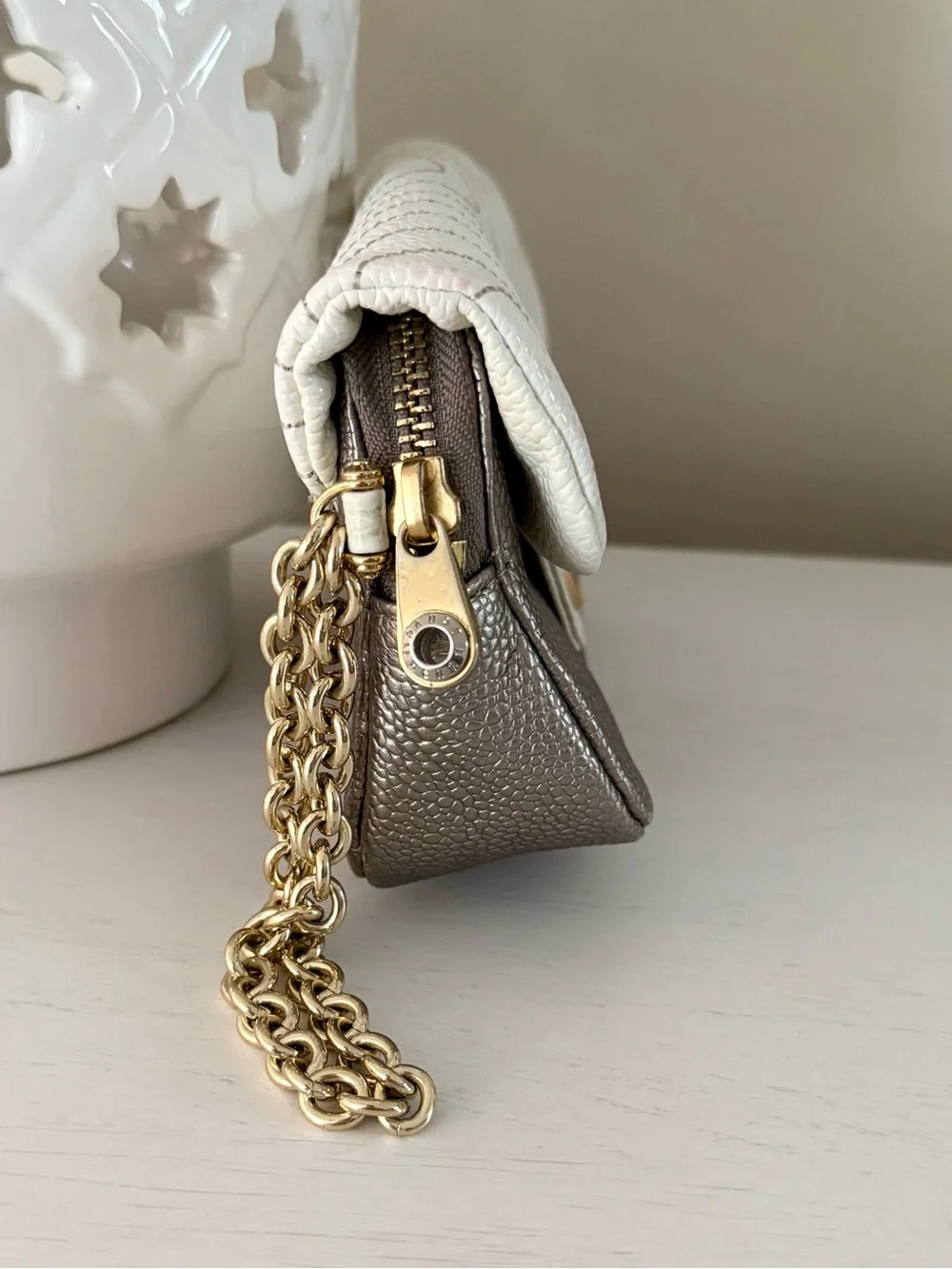 Henri Bendel Pebbled Leather Flap Clutch with Wristlet Chain